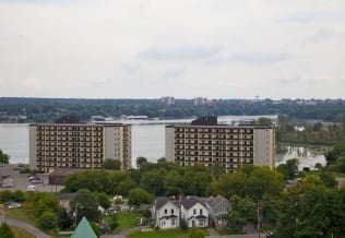 Two apartment towers seen from a distance