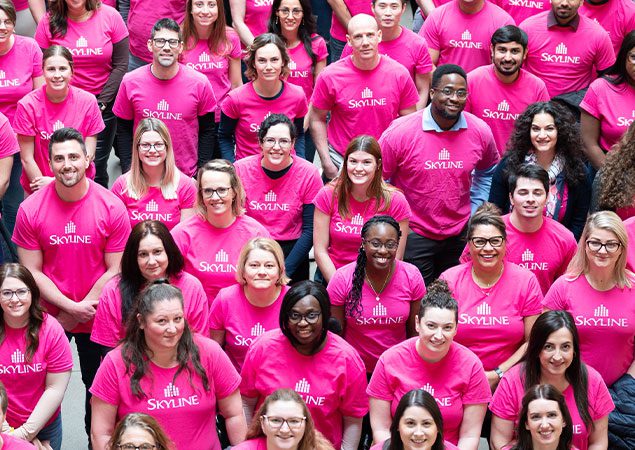 Skyline staff celebrating Pink Shirt Day to raise awareness against bullying and cyber-bulling.