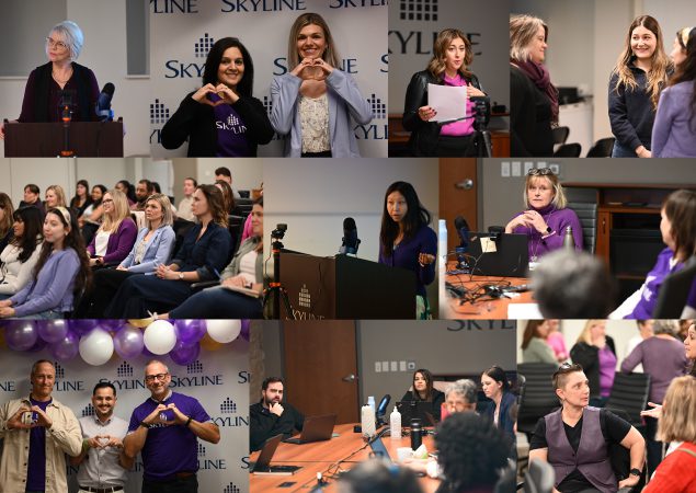 A collage of photos of staff workshops and people posing with their hands in the shape of a heart.