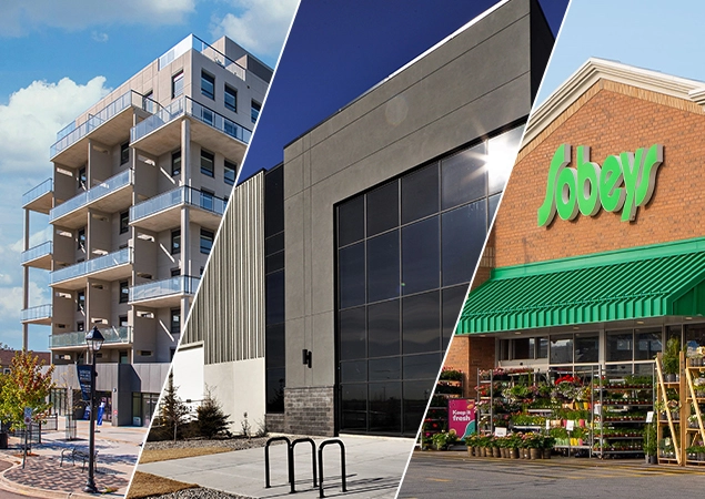 A collage of apartment, industrial and retail buildings